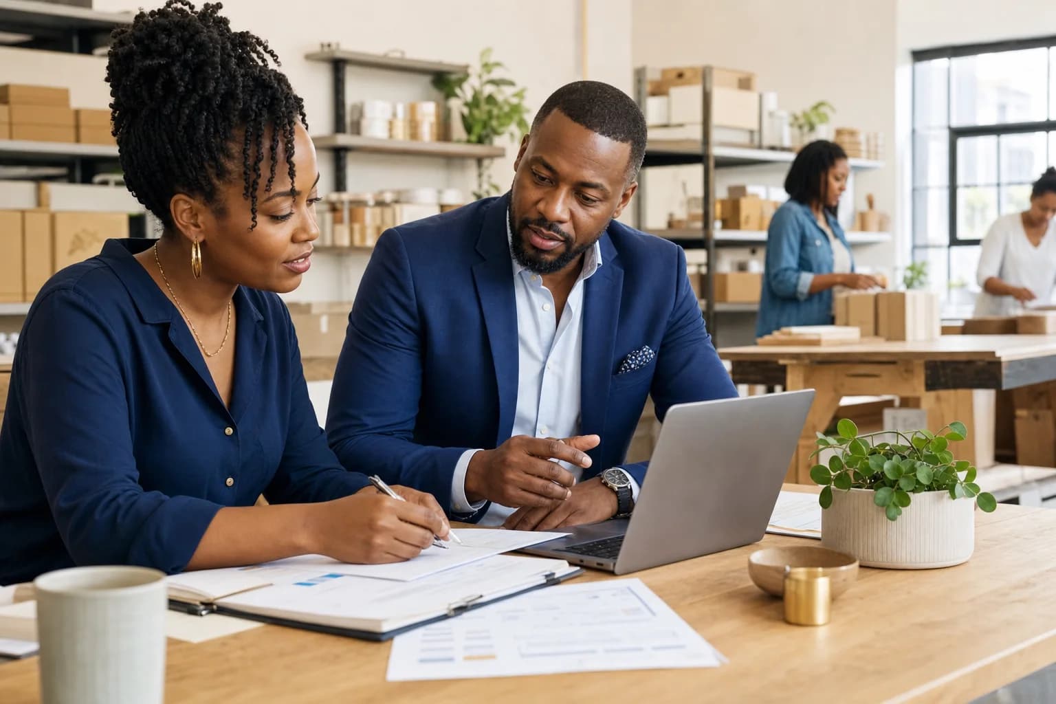 A business owner and advisor reviewing a growth plan