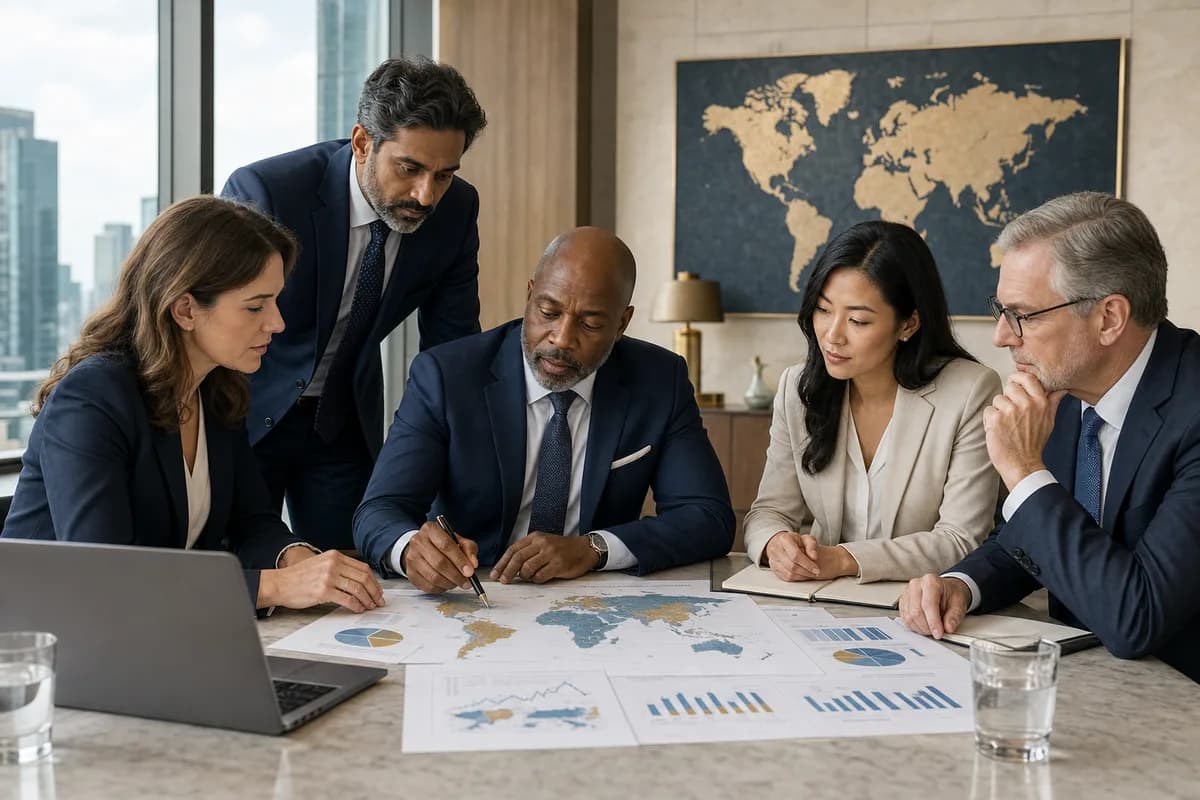 A diverse team of senior advisers reviewing international business expansion plans