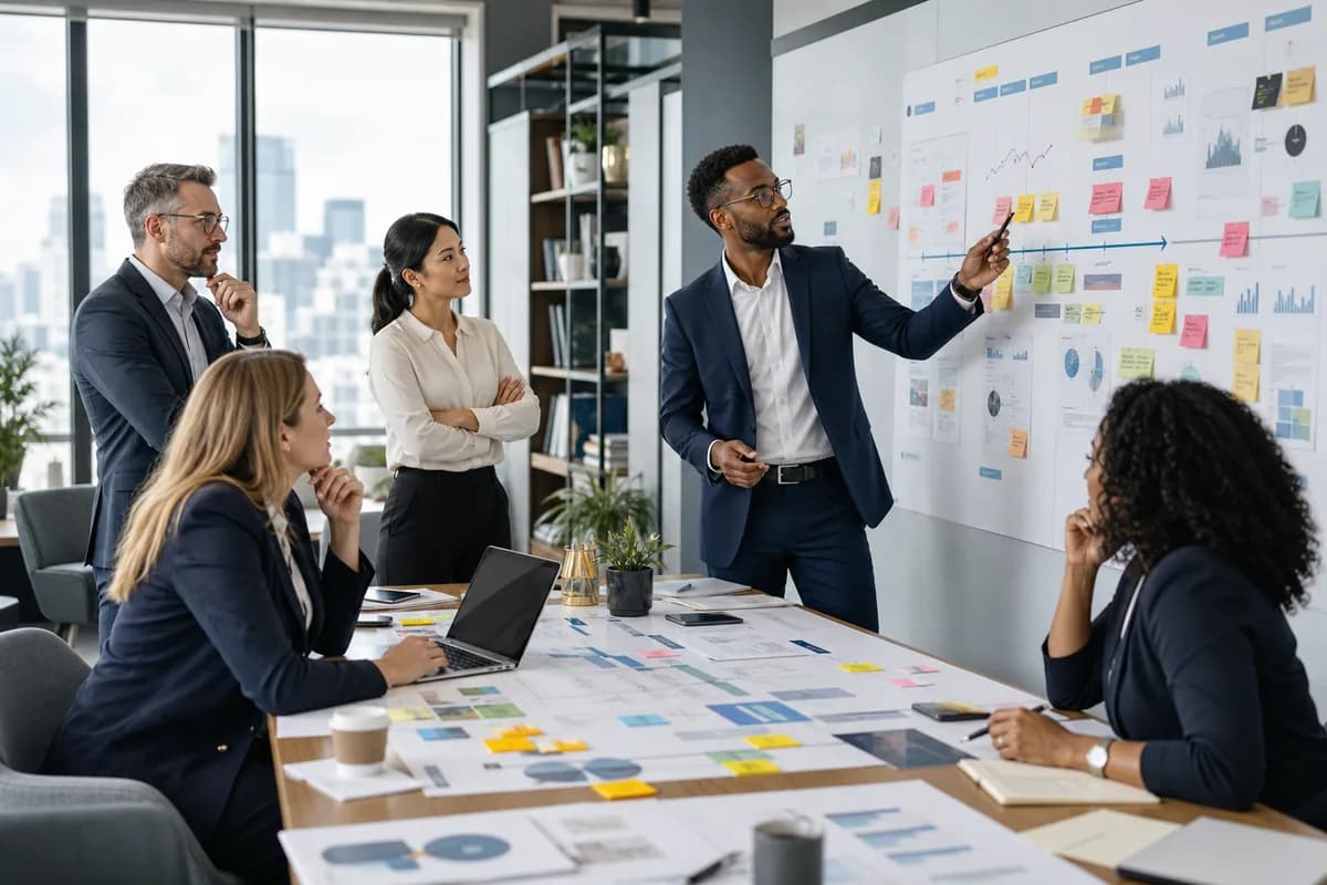 A multicultural strategy team developing an organizational roadmap